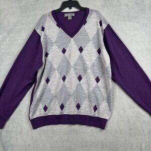 Uomo Bravo Mens Purple Grey Argyle V-Neck 100% Merino Wool Sweater Large